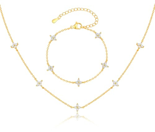 Armband Damen Halskette Damen Schmucksets - 18K Vergoldet Halskette Blume Kette Wasserfest mit Cubic Zirkonia Blumen, Schmucksets für Frauen Gold Silber, Modeschmuck Geschenk für Hochzeit Geburtstag