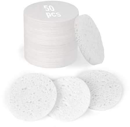 HUAXIN BIOTECHNOLOGY 50-Count Compressed Facial Sponges,100% Natural Cellulose Cosmetic Make Up Sponges for Face Daily Facial Cleansing,Exfoliating,Makeup Removal(White)