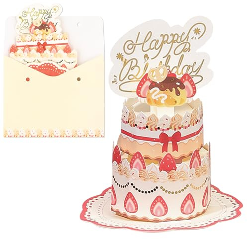 volumoon Biglietti di Compleanno, Biglietto D'auguri Pop-up, Birthday Card, Biglietto di Auguri con Torta di Fragole con Busta e Nastro, Bigliettino Compleanno per Amiche, Sorelle, Bambini