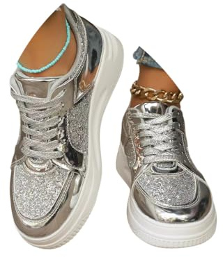 Minetom Femme Basket À Paillettes Basse Tenis Plateforme Lacets Chaussures Scintillantes Décontractées Sneakers A Argent 37 EU