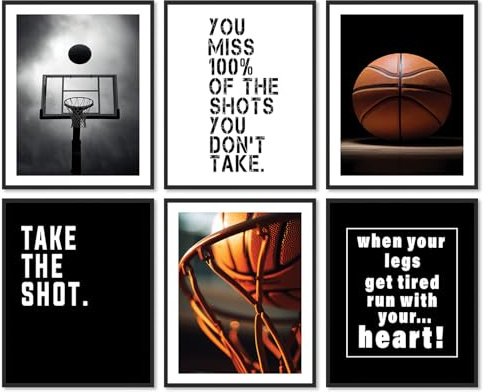 Dazzlewall 6er Set Basketball Motivations Wandbilder, Inspirierende Sportzitate Bilder für Spielzimmer Teenagerzimmer Deko, Sports Artwork Painting 8×10 in Ungerahmt