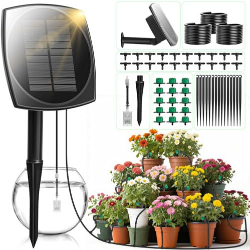 Solar Bewässerungssystem, 15M Tropfschlauch, Automatische BewäSserung für Balkon, Garten, Kübelpflanzen, Greenhouse Pflanzen, Automatische Bewässerung mit 12 Timer-Modi.