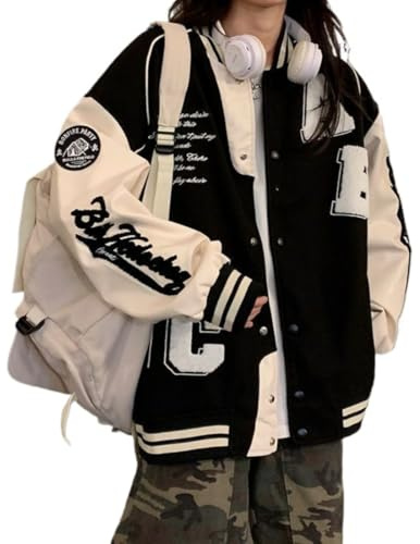 Suncadmious Women's loose spring and fall fashion retro striped color collision college uniform varsity baseball jacket Harajuku oversized sweatshirt jacket