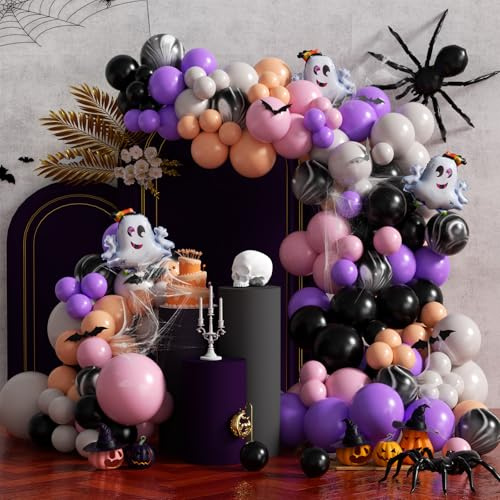Tayuvira 160 Pcs Rosa Halloween Ballonbogen Set, Rosa violette Luftballons mit niedlichen Geisterballons Happy Halloween Banner und Fledermaus Wandaufklebern,Geister Ballonbogen Partydeko