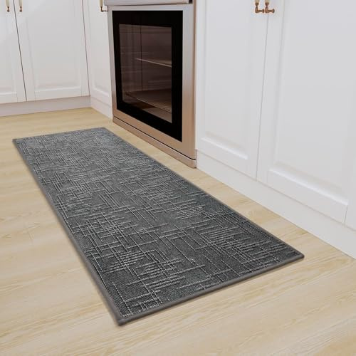 QINTOK Teppich Küche 44×120cm, Küchenteppich Waschbar rutschfest, Absorbierende Küchenläufer mit Gummi, Teppich Läufer Flur, Jacquard-Stoff-Küchenmatte für Waschküche, Eingang, Badezimmer, Grau