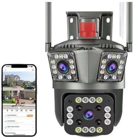 POOIQX Caméra de Surveillance extérieure PTZ WiFi 4K 6 MP, Double Objectif, Trois écrans, détection Mouvement, IP, Aide au Suivi(Only Camera)