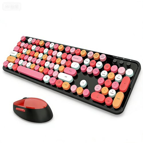 Vumilstek Colourful Keyboard and Mouse Wireless, American QWERTY 2.4G Full Size 106-Key Retro Typewriter Round Keycap with Number Pad for Students Home Office PC Laptop(Black Red)