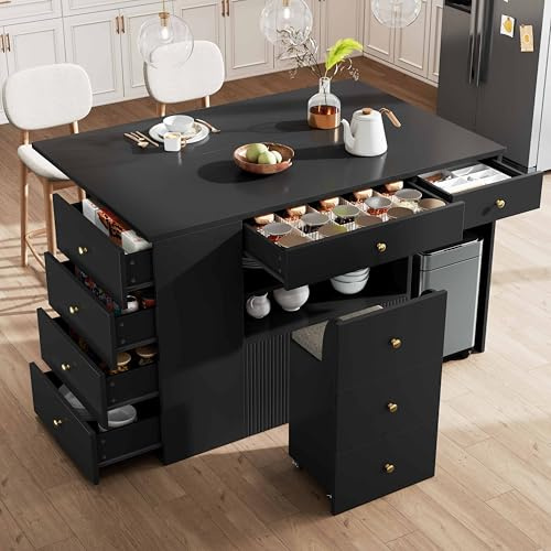 Lahoomu Kücheninsel, Anrichte mit Barhockern, Küchenschrank mit 6 Schubladen & Hockern, Breite verstellbar 140 * 40(70)*89cm,Schwarz