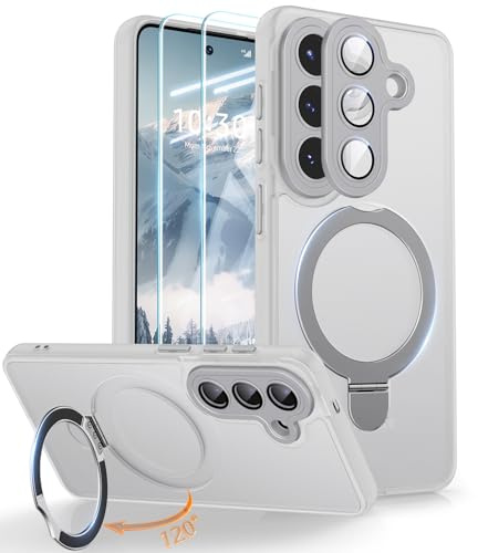 JAME for Samsung Galaxy S26 Case with 2 Pack Screen Protector, Magnetic Stand, Compatible with MagSafe, Full Camera Protection, Shockproof Translucent Matte Samsung S26 Phone Case, White