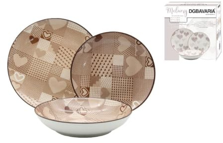 Servizio Piatti 18 Pezzi – Collezione in Pregiata Porcellana – Set Tavola Moderno per 6 Persone – Diverse Fantasie Disponibili, (Cuori Marrone)