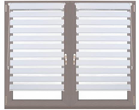 Relaxdays Doppia tenda a rullo, fissaggio senza fori, confezione da 2 pezzi, tenda a rullo laterale con strisce, per finestre, tessuto 76 x 156 cm, bianco