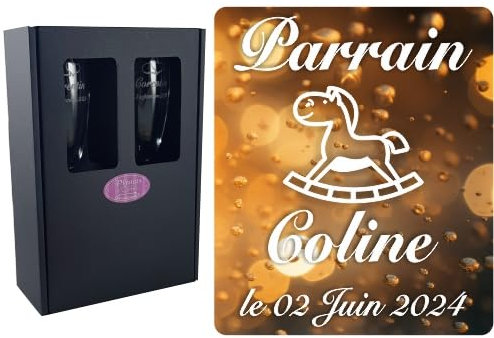 Gravure Events 2 Flûtes à Champagne Gravées Modèle Cheval avec Boîte Cadeau - Cadeau Parrain ou Marraine – Verre de Baptême Communion – Coupe de Champagne personnalisée (Demande Annonce naisance)