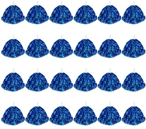 CUGBO Cheerleader-Pompons, 24 Stück, 1 Dutzend Griff, metallische Folie, Blumenbänder, Cheerleader-Pompons, Kinder, Ball, Tanz, Sport, Trainer, Spielparty, Fancy, blau