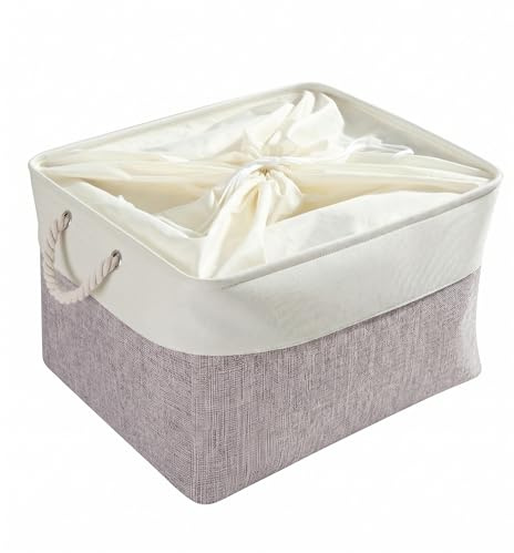 Mangata aufbewahrungskorb Stoff, aufbewahrungsbox groß Schrank, Korb aufbewahrung Stoff mit Seil für Spielzeug, kleiderschrank, Regale, Kleidung (Faltbare,XXL, Grau Weiß)