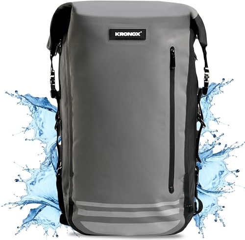KRONOX 30L Rolltop ryggsäck: 100 % vattentät motorcykelryggsäck med avtagbart laptopfodral, hjälmnät och svansväska funktionalitet., grå, 30 liter, ryggsäck med rolltop, Grå, 30 Liters, Rolltop