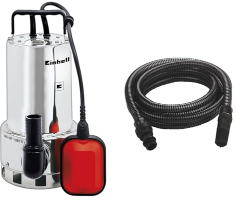 Einhell Pompe d’évacuation pour eaux chargées GC-DP 1020 N (1000 W, Profondeur 5 m, Câble 10 m, Corps en INOX) & Accessoire Kit tuyau d'aspiration noir 7 mètres avec embouts en PVC - Ø 32 mm