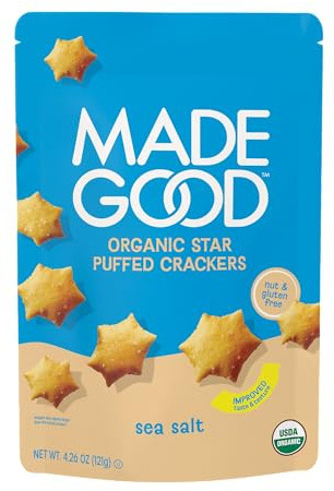 MadeGood Sea Salt Star Puffed Crackers, 4.26oz Pouch, Organic Snacks