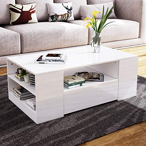 BESTWANTED Couchtisch Mit Stauraum, Weißer Glanz-Mitteltisch für Wohnzimmer, Rechteckig Mit 2 Schubladen und 6 Offenen Regalen, Heimbüro-Möbel, 95 x 55 x 37 cm