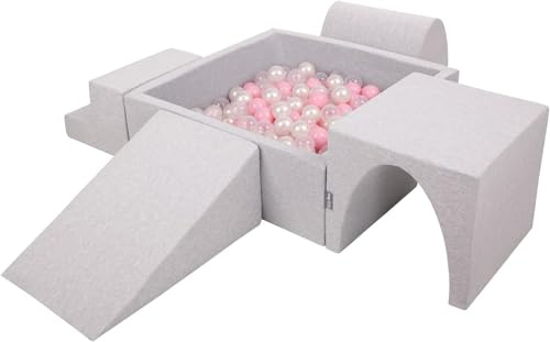 KiddyMoon Spielplatz Aus Schaumstoff Mit Quadrat Bällebad (200 Bälle) Ballgruben Für Babys Spielbad Hindernisläufen, Hergestellt In Der EU, Hellgrau:Puderrosa/Perle/Transparent