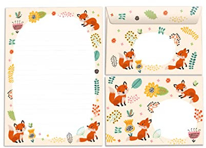 Briefblock mit Umschlag für Kinder Fuchs Tiere Briefpapier-Set für Mädchen (Block A5 mit 25 Blätter + 15 Umschläge)