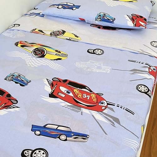 CangooCare® Set Lenzuola 3 Pezzi Per Lettino Neonato, Montessori, 80x160 cm, 1 Lenzuolo Di Sotto Con Angoli, 1 Lenzuolo Di Sopra, 1 Federa Cuscino, 100% Cotone, Macchinine