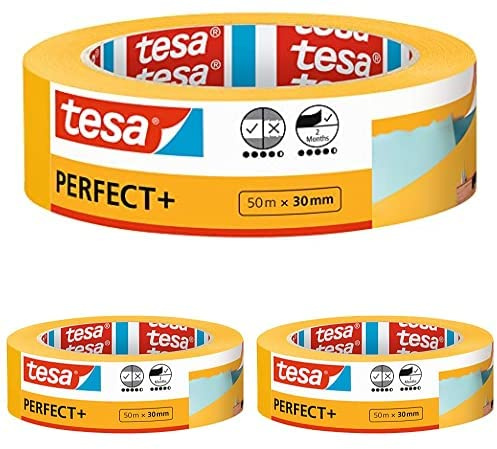 tesa Malerband Perfect+ - Malerkrepp aus dünnem Washi-Papier zum präzisen Abkleben bei Malerarbeiten - für den Innenbereich - 50 m x 30mm, 3er Pack