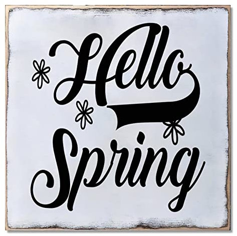Hello Spring Holzschild Positiv Spruch Holzschild Holzschild mit Seilen für DIY Handwerk Türhänger Schild Holz Buring Painting Weihnachtsdekor 30,5 x 30,5 cm