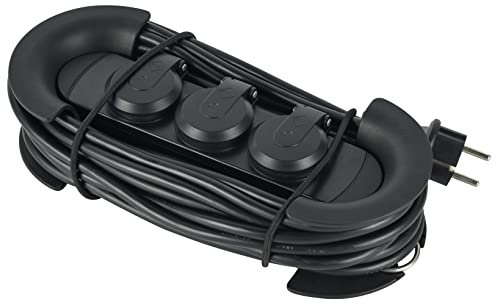 Electraline 62579 Regleta Base Multiple Profesional para Exteriores, 3 Tomas Schuko con Enchufe IP44, Colgante con 2 Ganchos, Cable 10 Metros