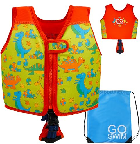 Go Swim Giubbotto Galleggiante - Include borsa da nuoto gratuita Giubbotto da nuoto per bambini con galleggiabilità fissa e cinturino di sicurezza (Daring Dinos, S (15-19kgs))