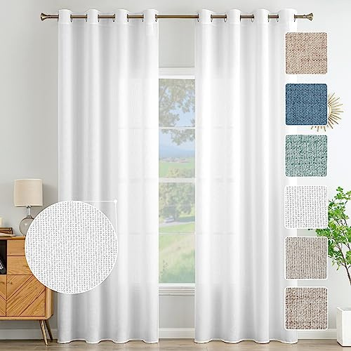 MIULEE Tende Lino con Anelli Effetto Lino Soggiorno Moderna Tenda Voile Semitrasparenti Naturale 2 Pezzi, 140 x 225 cm Bianco