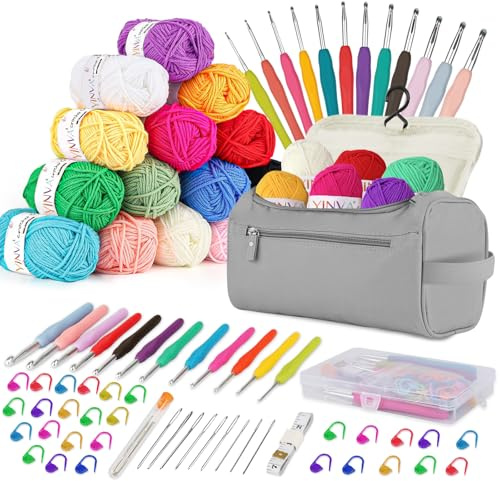 YINVA Häkelset für Anfänger 15Pcsx25g Häkelgarn Häkelnadel Set 2mm-8mm Ergonomische Häkelnadeln Crochet Set Stricken für Anfänger Set Tragbaren Tasche Strickzubehör(Hellgrau)