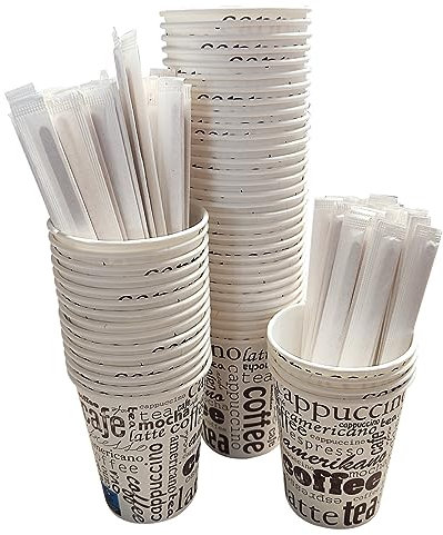 100 Vasos Desechables Café de Papel Cartón de 200 ml, Vasos Resistentes y Elegantes para Bebidas Calientes o Frías, Perfectos para Oficina y Hogar. Incluyen 100 Paletinas de Madera