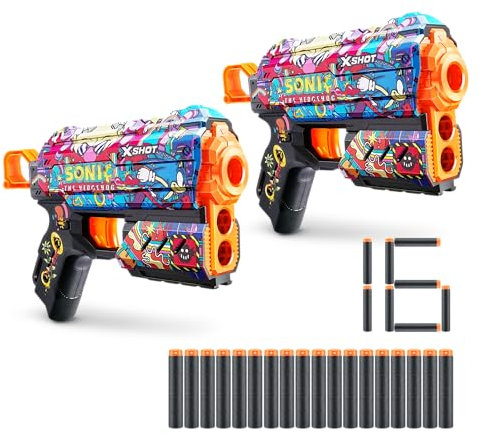 Pistola XSHOT Skins Flux Sonic Robotnik - Sonic il Riccio con 16 dardi, ricarica facile, dardi con tecnologia a sacca d'aria, pistola giocattolo gommapiuma per bambini (2 Pistola, 16 Dardi)
