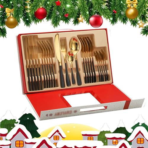 juego de vajilla navideñaCrea un ambiente festivo con un paquete de regalo de vajilla navideña completo con 24 piezas de cucharas y tenedores de café adecuados para ensaladas de carne.(Color:5)