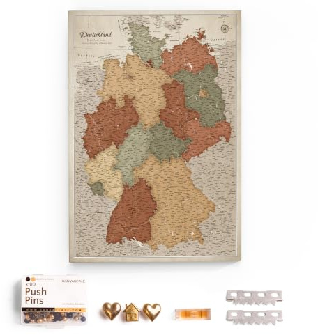 CANVASCALE Canvas Deutschlandkarte mit Pinnwand Kork zum Pinnen der Reiseziele - Wanddeko für Jeden Raum - Hochwertige Leinwand Bilder mit Deutschlandkarte (70x50 cm, Muster 2)