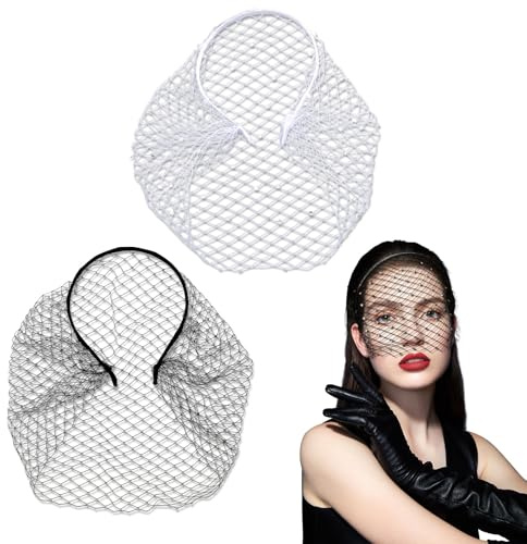 EUPSIIU 2 Stück Fascinator Vintage Schwarz Schleier, 20er 50er Kopfschmuck, Schleier Spitze Tiara Fascinators, Weiss Mesh Schleier Stirnband, Mesh Spitze Stirnband (Schwarz, Weiss)