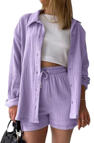 MSIYOW Tuta Donna Camicia a Maniche Lunghe e Pantaloncini in Lino Completo Donna Casual Y2K Set di 2 Pezzi Primavera Autunno