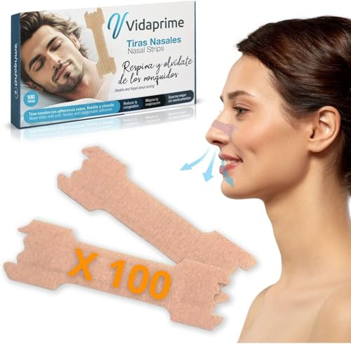 Vidaprime Tiras Nasales ANTIRONQUIDOS para Dormir 100Uds Nasal strips Tiritas nariz RESPIRAR Tiras Antironquidos nasal Hombre y Mujer INSTANTÁNEO Congestión Nasal REDUCIR Ronquidos Deporte y Sueño