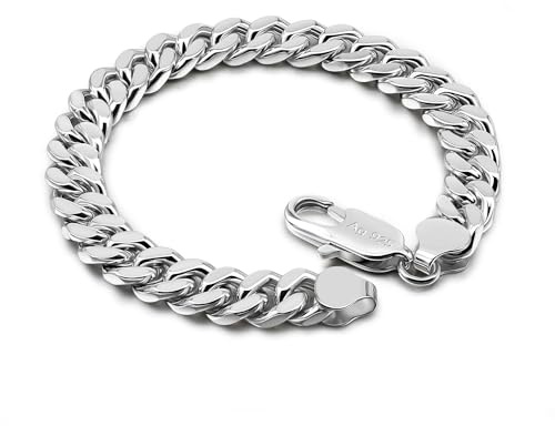 Dankadi Bracelet Cubain Massif Largeur 8MM 10MM Lisse Texturé en 925 Argent pour Homme, 7 à 10 Gourmette Chaîne Maillons Cubaine Rock Punk Hip Pop Miami Cadeau Bijoux (8.5, Argent Lisse 8MM)