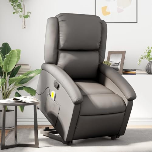 Hommdiy Massagesessel mit Aufstehhilfe Grau Echtleder