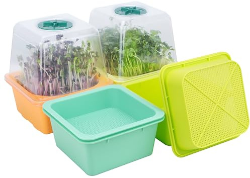 LUVCOSY 4er Keimschalen für Sprossen mit Deckel, Kresse Anzuchtset mit Feuchtigkeitskuppel, 1,2 mm kleine Maschenlöcher, Keimsprossen-Set für Microgreens wie Brokkoli, Alfalfa, Klee, Farbenfroh Basis