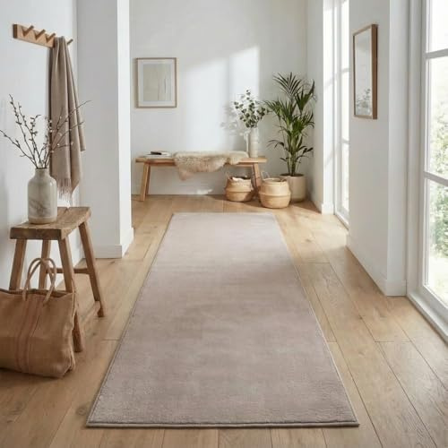 Jimri Flauschiger Teppich Läufer - Hochwertiger Kurzflor für Zuhause, Büro, Küche, Eingang, Flur, Wohnzimmer - Maschinenwaschbar - Rutschfester Teppich Waschbar - 80x250 cm - Beige