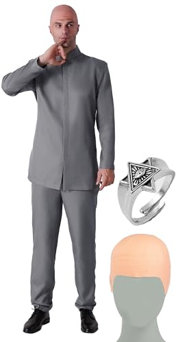 Maxim Party Supplies Men's Evil Mastermind Villain 60s Costume 4 Piece Set with Gray Suit, Bald Cap & Ring for Halloween, Cosplay (Large)
