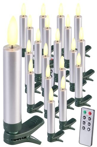 Lunartec Christbaumkerzen: 20er-Set LED-Weihnachtsbaumkerzen mit Dochten und Flammen-Effe, Silber (Weihnachtsbaumbeleuchtung, Weihnachtsbeleuchtung, Weihnachtsbaum)