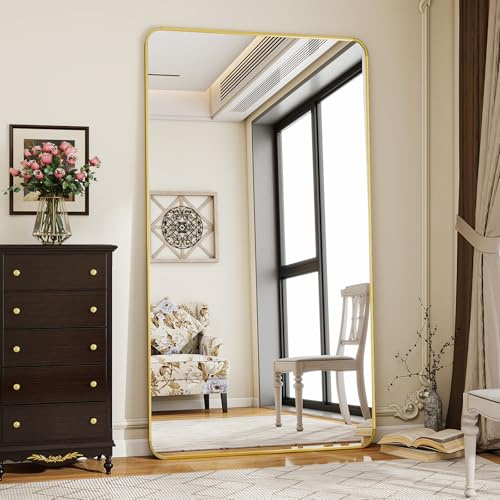 Koonmi Espejo de pie con esquinas redondeadas, 76 x 171 cm, gran espejo de pared de pie, para dormitorio, salón, dorado