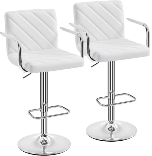 Yaheetech Set 2 Sgabelli Bar Alti Cucina Moderni Design Altezza Regolabile in Similpelle con Schienale Braccioli Poggiapiedi Girevole 360° da Penisola Bianchi