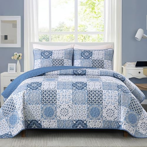 Dobuyly Blaues Steppdecken-Set für Queen-Size-Betten, Boho-Mineralblau, kariert, Patchwork-Tagesdecken, Bettbezug-Set, 3-teilig, weiche, leichte Mikrofaser, für alle Jahreszeiten, 243,8 x 228,6 cm