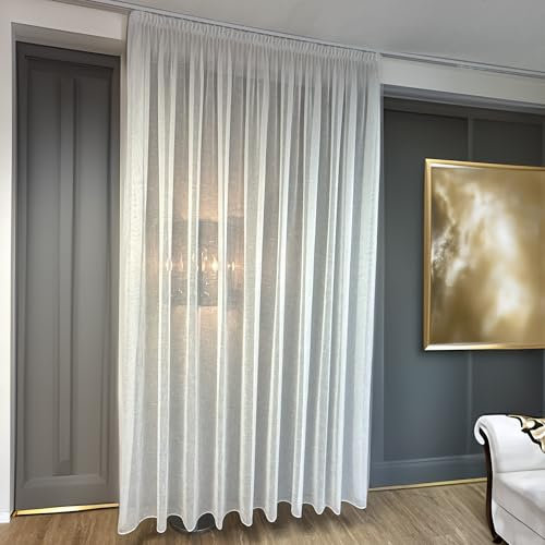 Tenda pronta in poliestere di alta qualità di colore bianco con effetto lino ed elegante nastro fumé (altezza x larghezza): 245 x 600 cm)