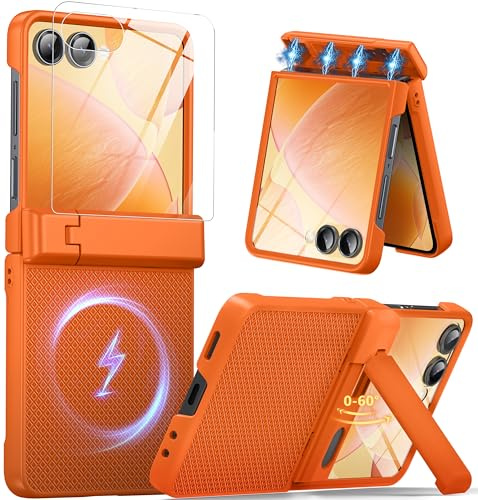 Oterkin Magnetic for Samsung Galaxy Z Flip 7 Case with Stand, Built-in[Screen Protector][Hinge Protection]Compatible with MagSafe,Non-Slip Texture Slim Rugged Shockproof Phone Case for Z Flip 7,Orange