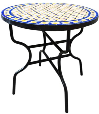 Tavolo da giardino con mosaico marocchino, diametro 80 cm, grande, rotondo, pieghevole, a mosaico, rotondo, pieghevole, mediterraneo, pieghevole, per balcone o giardino, colore: blu naturale, giallo